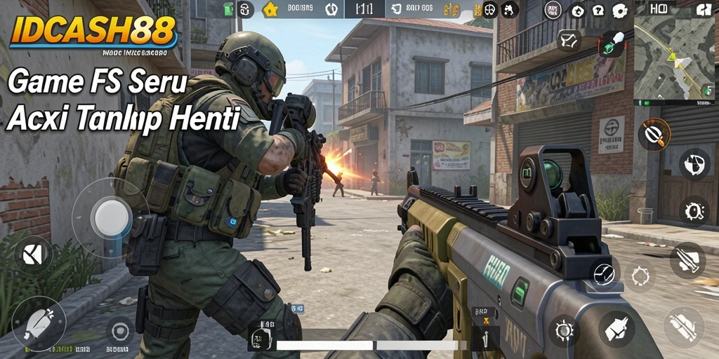 Screenshot utama gameplay IDCASH88 menunjukkan aksi tembak-menembak yang mendebarkan.