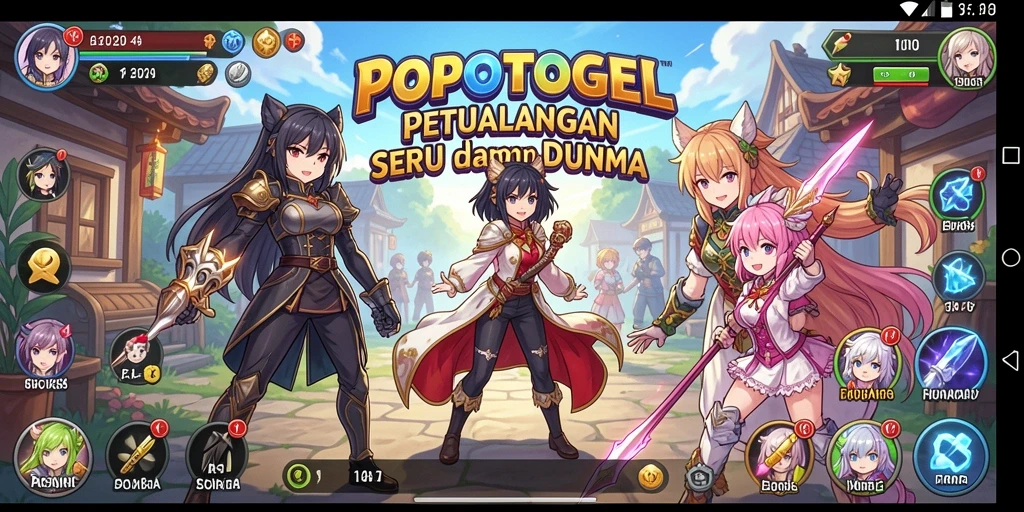 Tampilan layar permainan POPOTOGEL yang penuh warna dan karakter anime yang menarik.