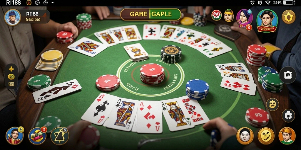 Screenshot utama RI188 menampilkan gameplay Gaple yang seru dan interaktif.
